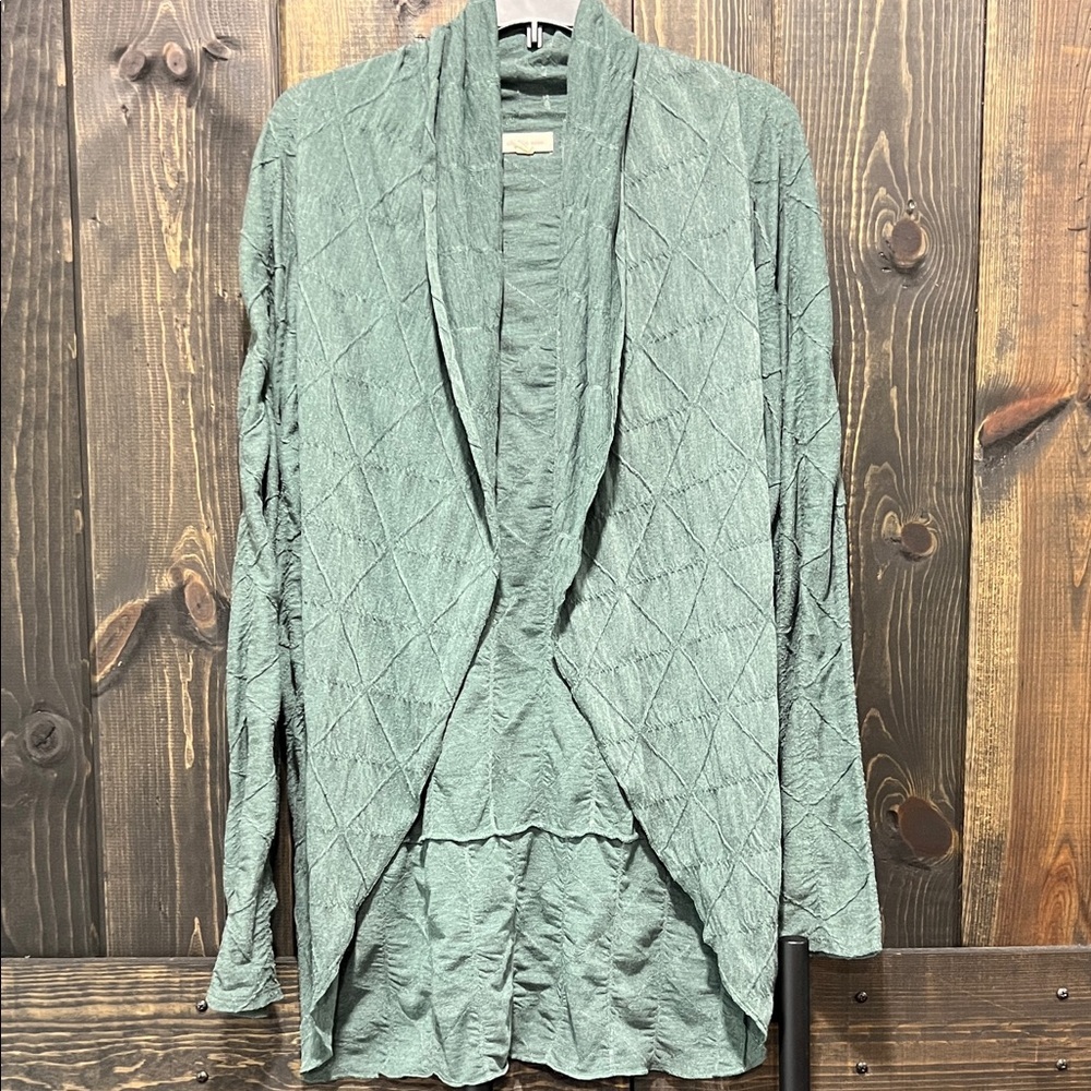 Anthropologie Silence + Noise Open Cardigan L‎ Green Quilted Textured Boho Flowy
